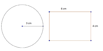 Sirkel har radius 3 cm, mens rektangel har sider 6 cm og 4 cm